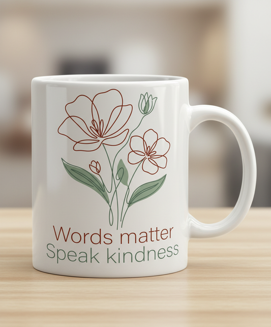 Words Matter Speak Kindness Floral Line Art White Mug - White