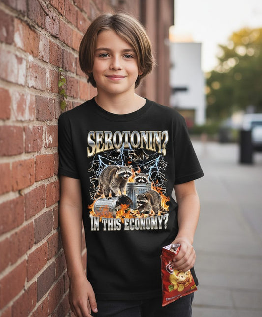 Serotonin in This Economy? raccoons Youth T-Shirt Black lifestyle mockup