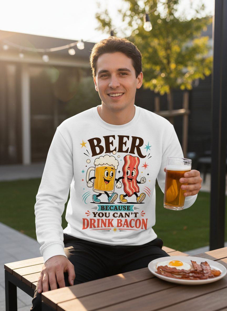 You Can't Drink Bacon Beer and Funny Lovers Sweatshirt - lifestyle model mockup - White
