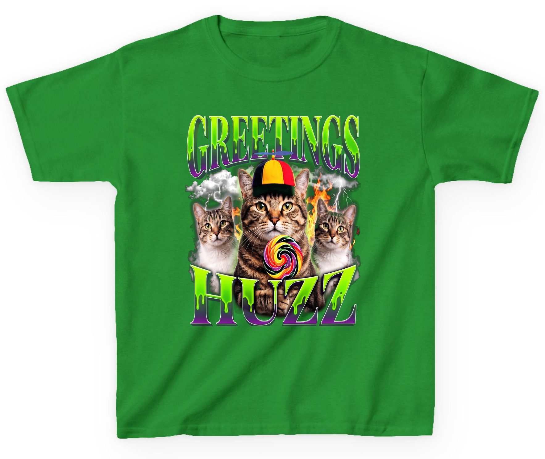 Greetings HUZZ Funny Cat Youth T-Shirt - product mockup - Irish Green