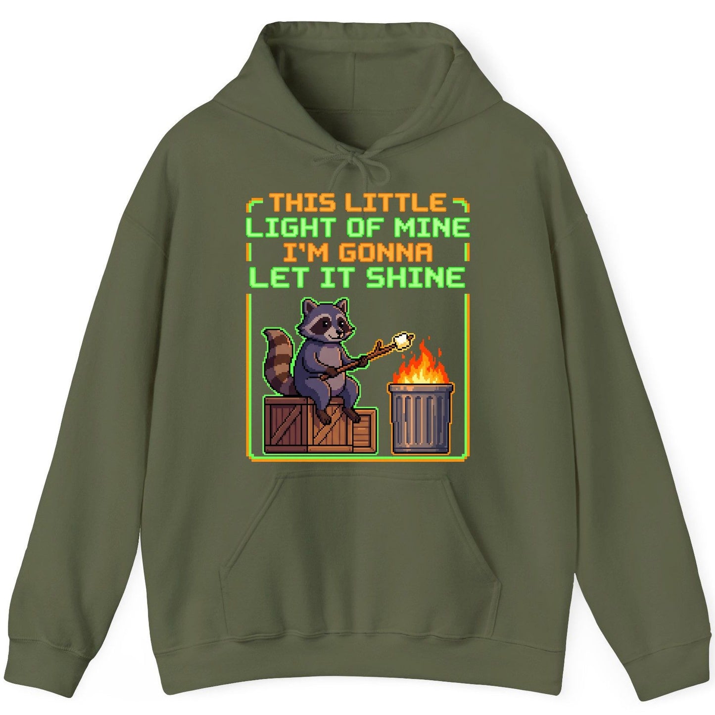 THIS LITTLE LIGHT OF MINE I'M GONNA LET IT SHINE Raccoon Hoodie Military Green product mockup