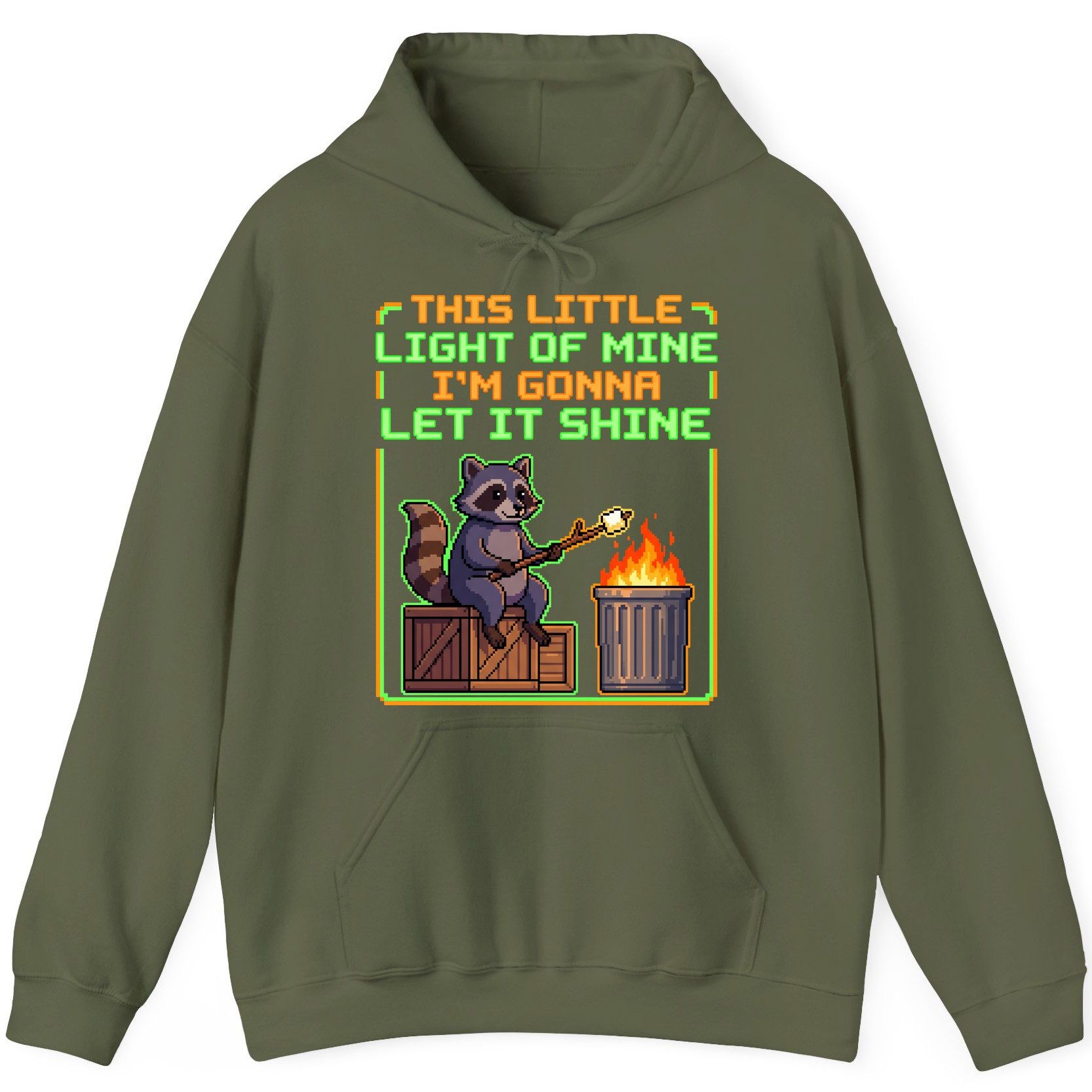 THIS LITTLE LIGHT OF MINE I'M GONNA LET IT SHINE Raccoon Hoodie Military Green product mockup