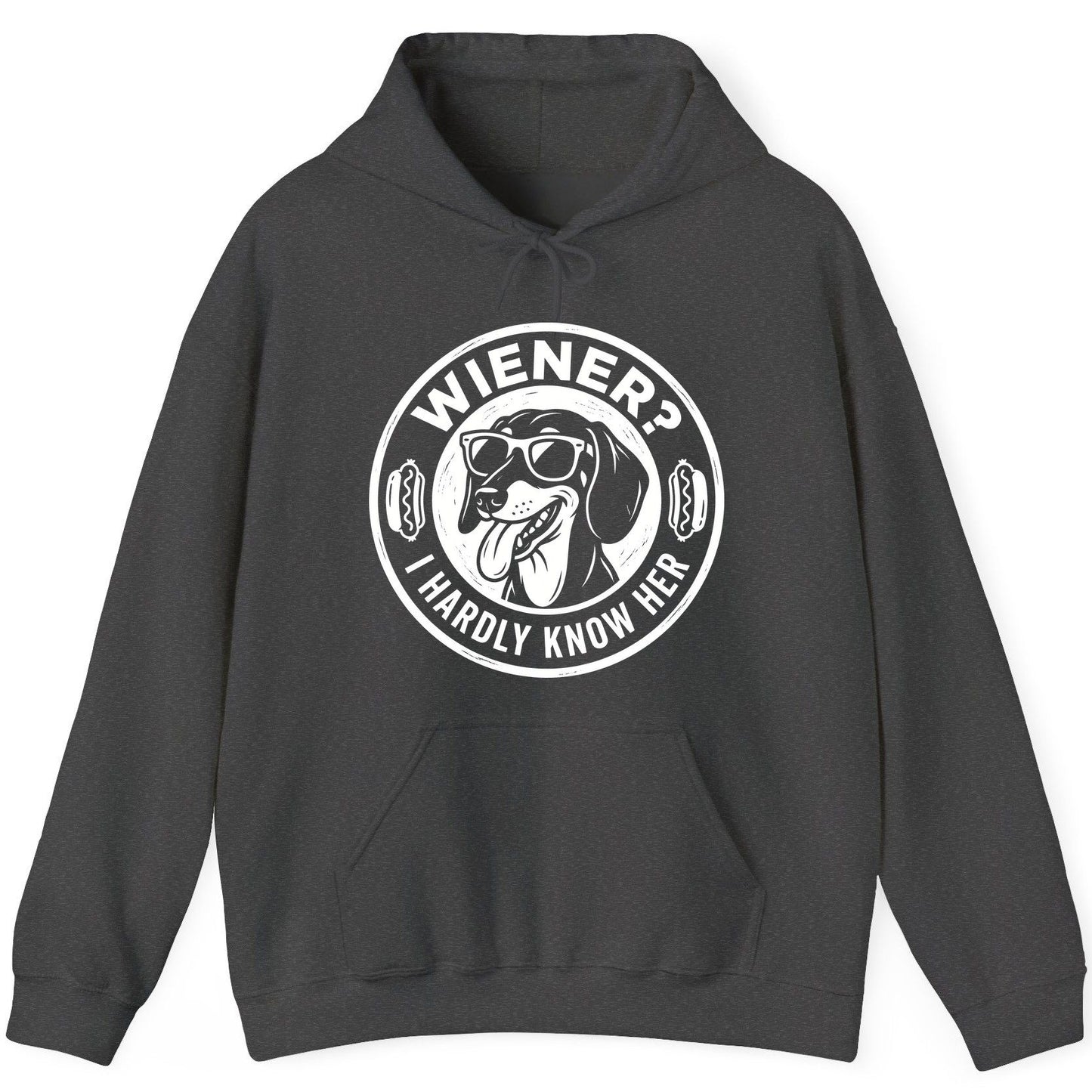 Wiener I Hardly Know Her dachshund Hoodie Dark Heather product mockup