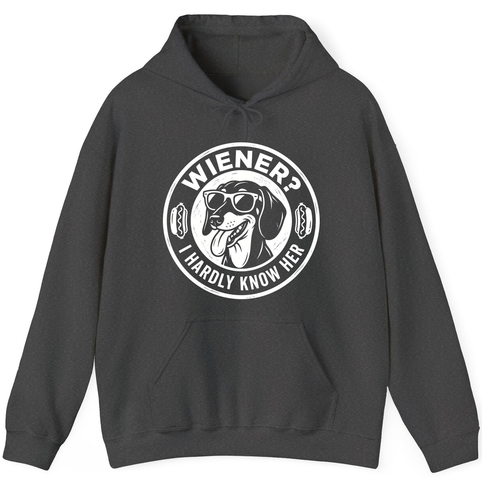 Wiener I Hardly Know Her dachshund Hoodie Dark Heather product mockup