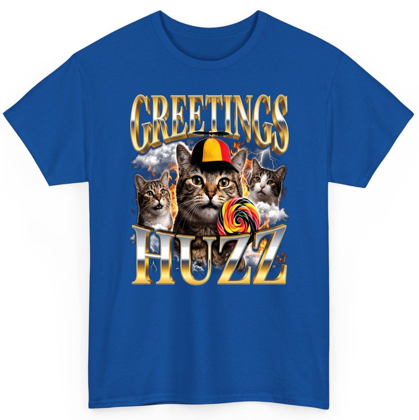 Greetings HUZZ Funny Cats T-Shirt - product mockup - Royal