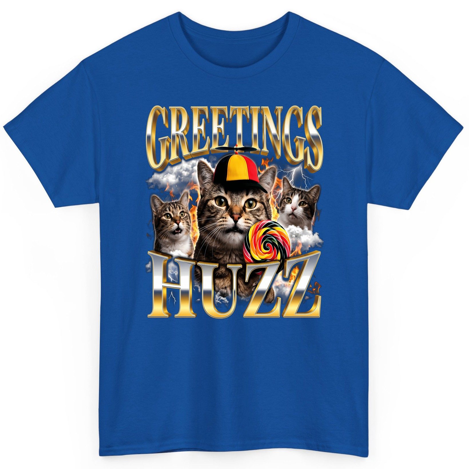 Greetings HUZZ Funny Cats T-Shirt - product mockup - Royal
