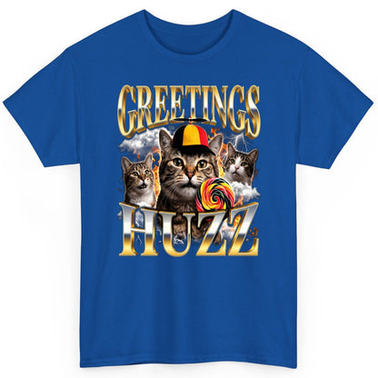 Greetings HUZZ Funny Cats T-Shirt - product mockup - Royal