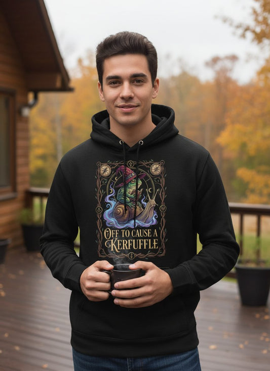 Off to Cause a Kerfuffle frog wizard Hoodie Black lifestyle mockup