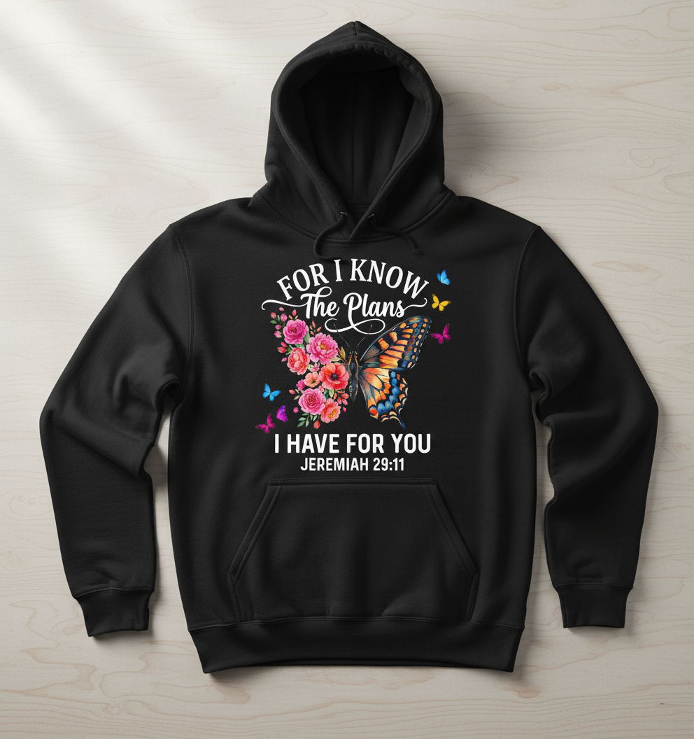 Jeremiah 29:11 For I Know The Plans Butterfly Floral Christian Verse Hoodie - Black