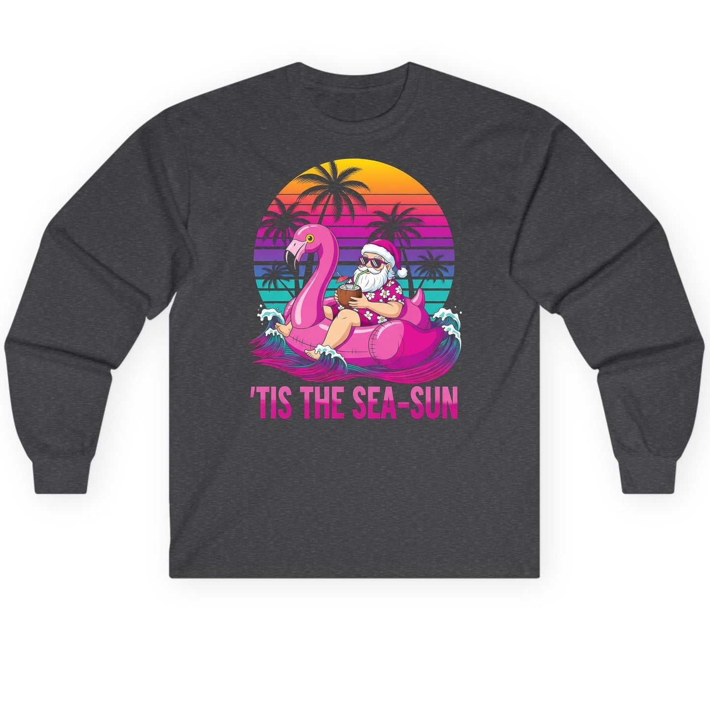 'Tis the Sea-Sun tropical santa claus Long Sleeve Tee Dark Heather product mockup