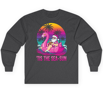 'Tis the Sea-Sun tropical santa claus Long Sleeve Tee Dark Heather product mockup