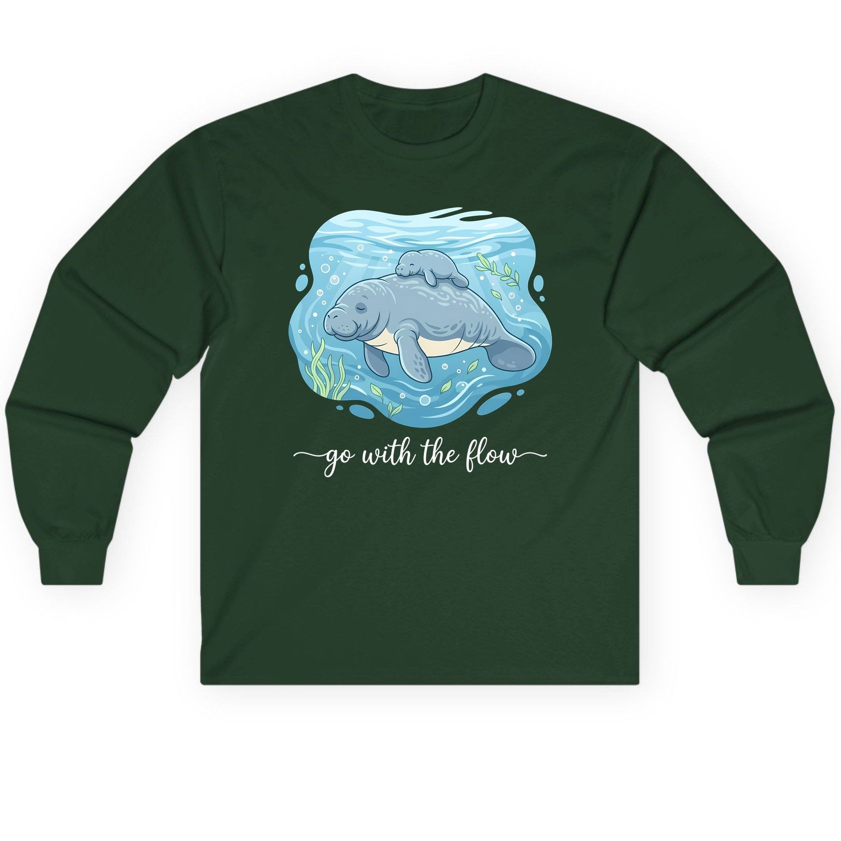Go with the Flow Manatee Long Sleeve Tee - product mockup - Forest Green