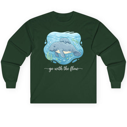 Go with the Flow Manatee Long Sleeve Tee - product mockup - Forest Green