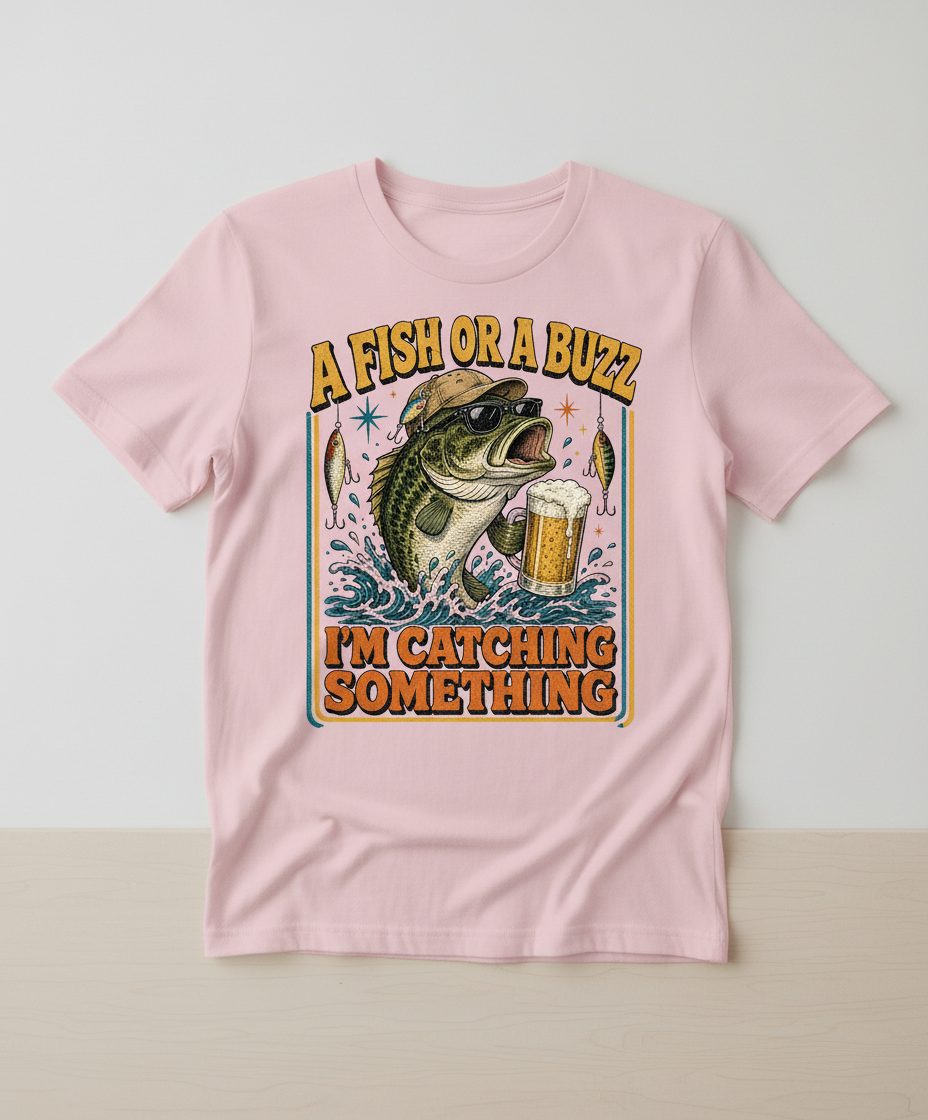 A FISH OR a BUZZ I'M Catching Something Funny Fishing T-Shirt - product mockup - Light Pink