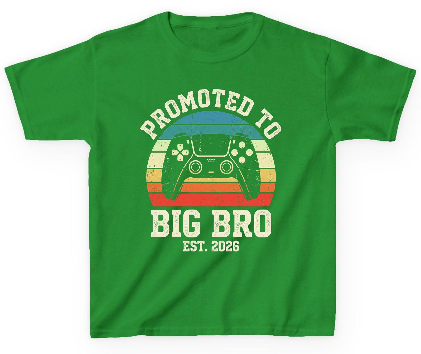 Promoted TO BIG BRO EST 2026 Retro Gaming Youth T-Shirt - product mockup - Irish Green