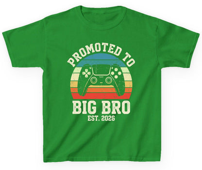 Promoted TO BIG BRO EST 2026 Retro Gaming Youth T-Shirt - product mockup - Irish Green