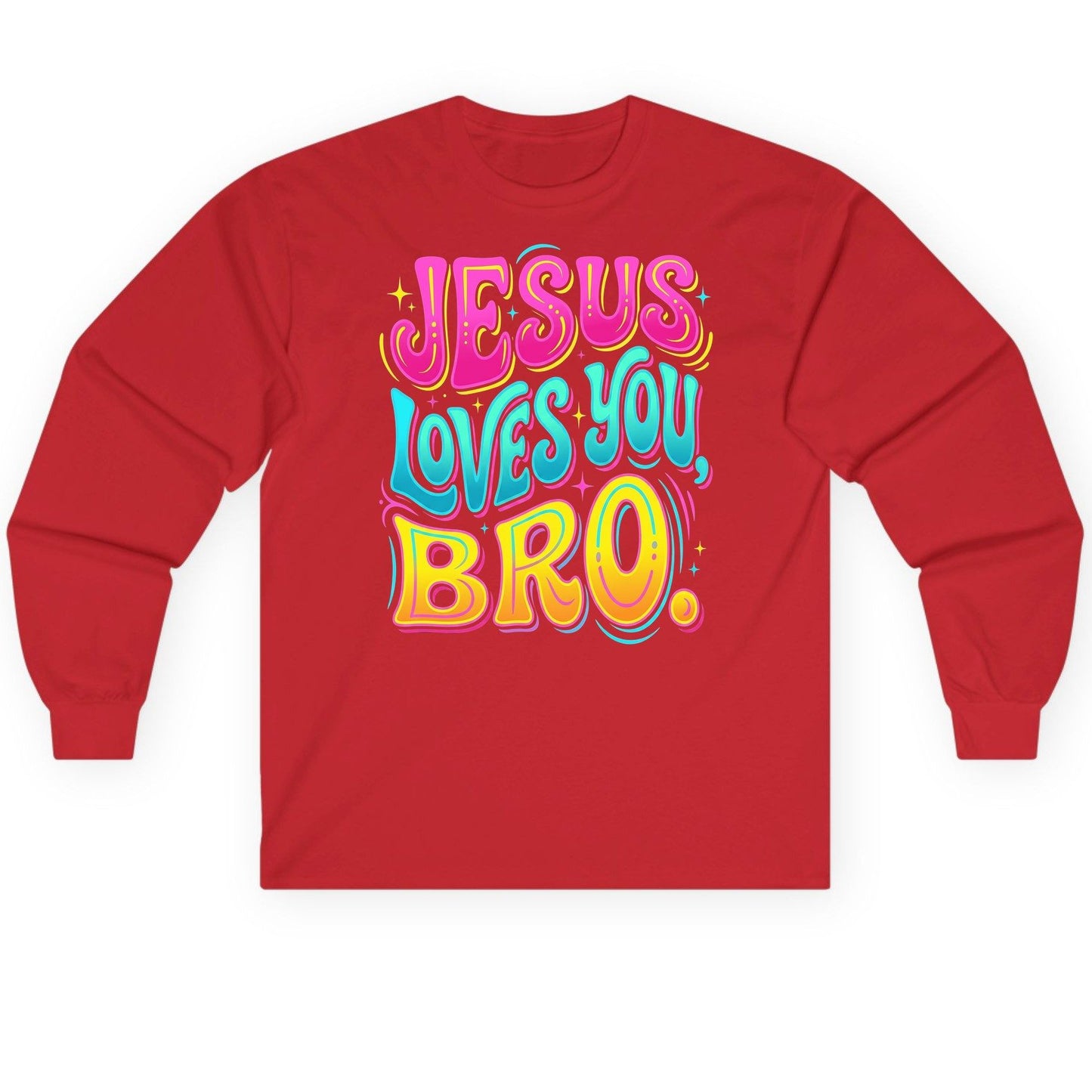 JESUS LOVES YOU BRO Retro Christian Long Sleeve Tee - product mockup - Red