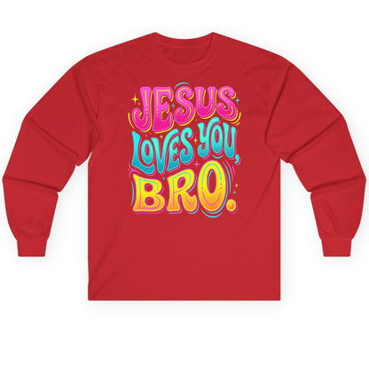 JESUS LOVES YOU BRO Retro Christian Long Sleeve Tee - product mockup - Red