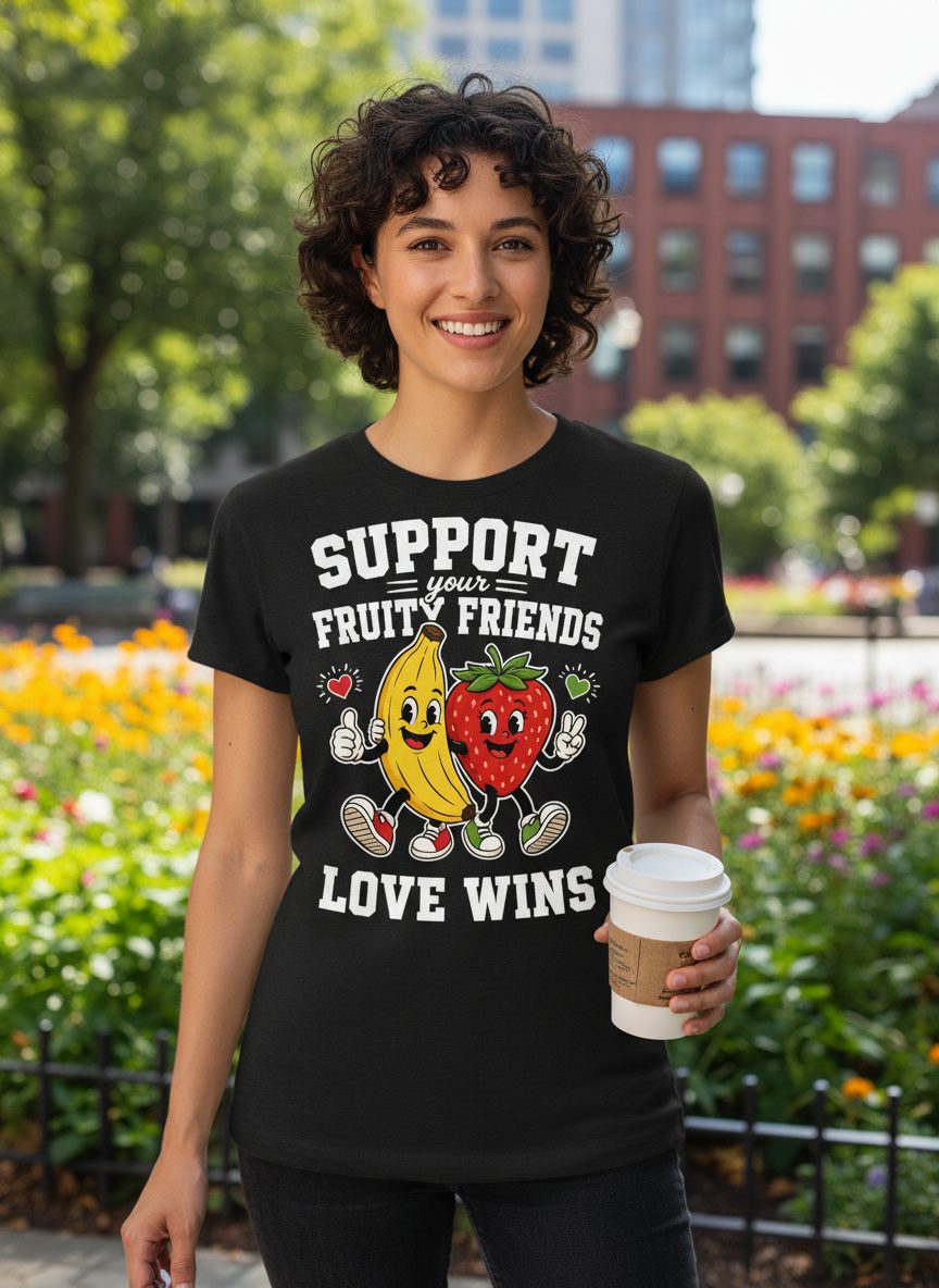 Support Your Fruity Friends Love Wins Retro Lgbtq Pride T-Shirt - lifestyle model mockup - Black