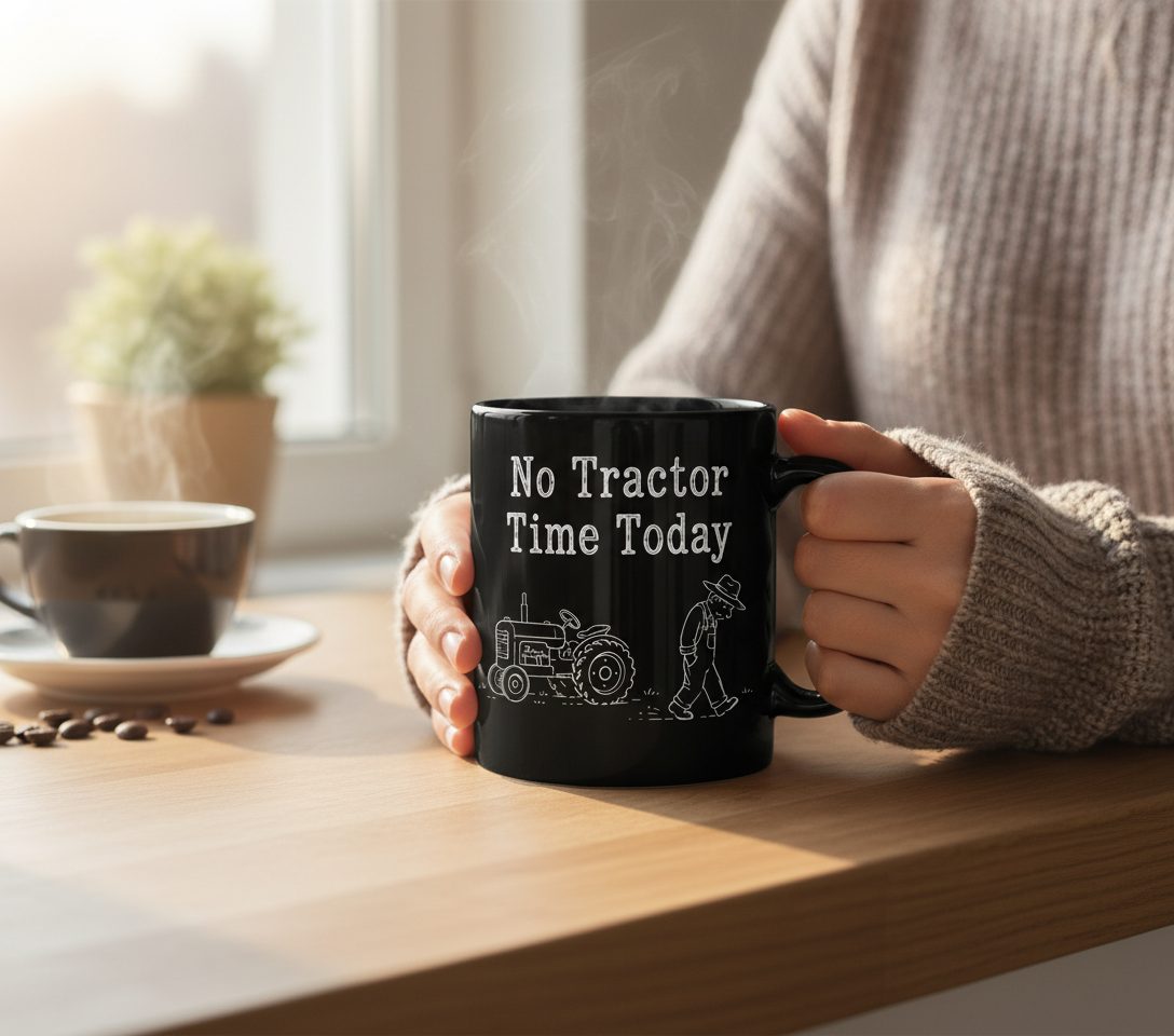 No Tractor Time Today Funny Farming Black Mug - lifestyle model mockup - Black