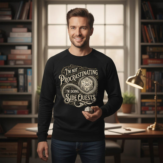 I'm Not Procrastinating I'm Doing Side Quests rpg gaming Sweatshirt Black lifestyle mockup