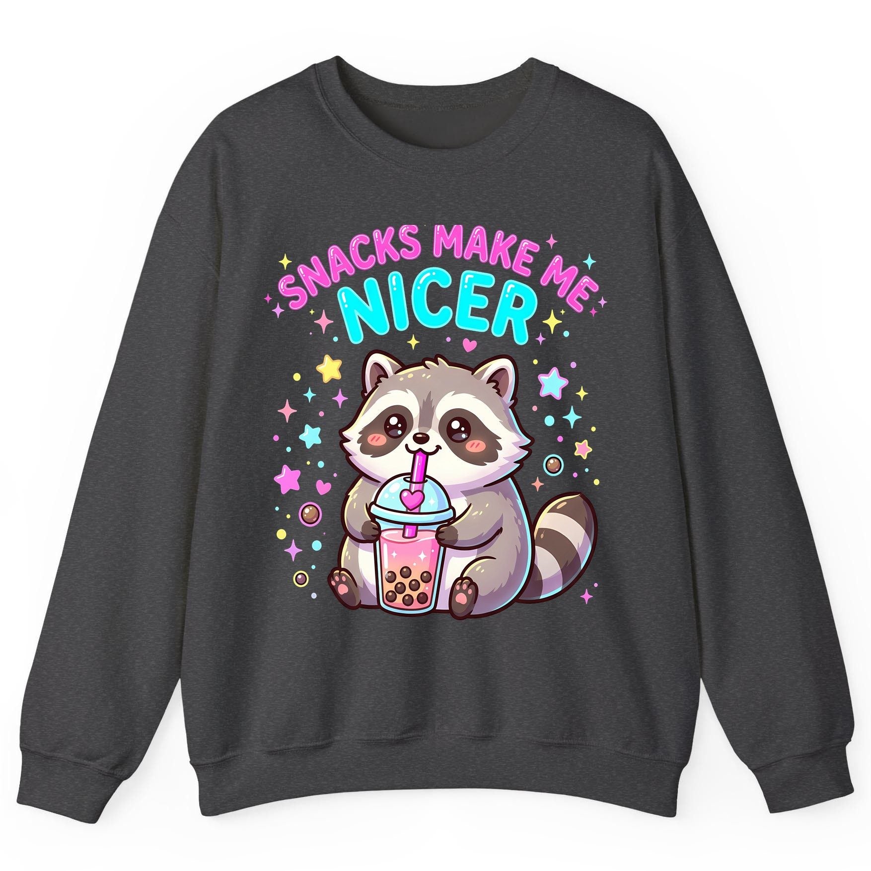 SNACKS MAKE ME NICER Funny Raccoon Sweatshirt - product mockup - Dark Heather