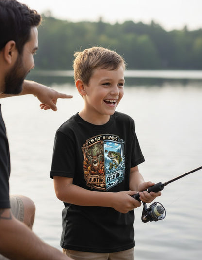I'm Not Always Thinking About Hunting Sometimes It's Fishing hunting and fishing Youth T-Shirt Black lifestyle mockup
