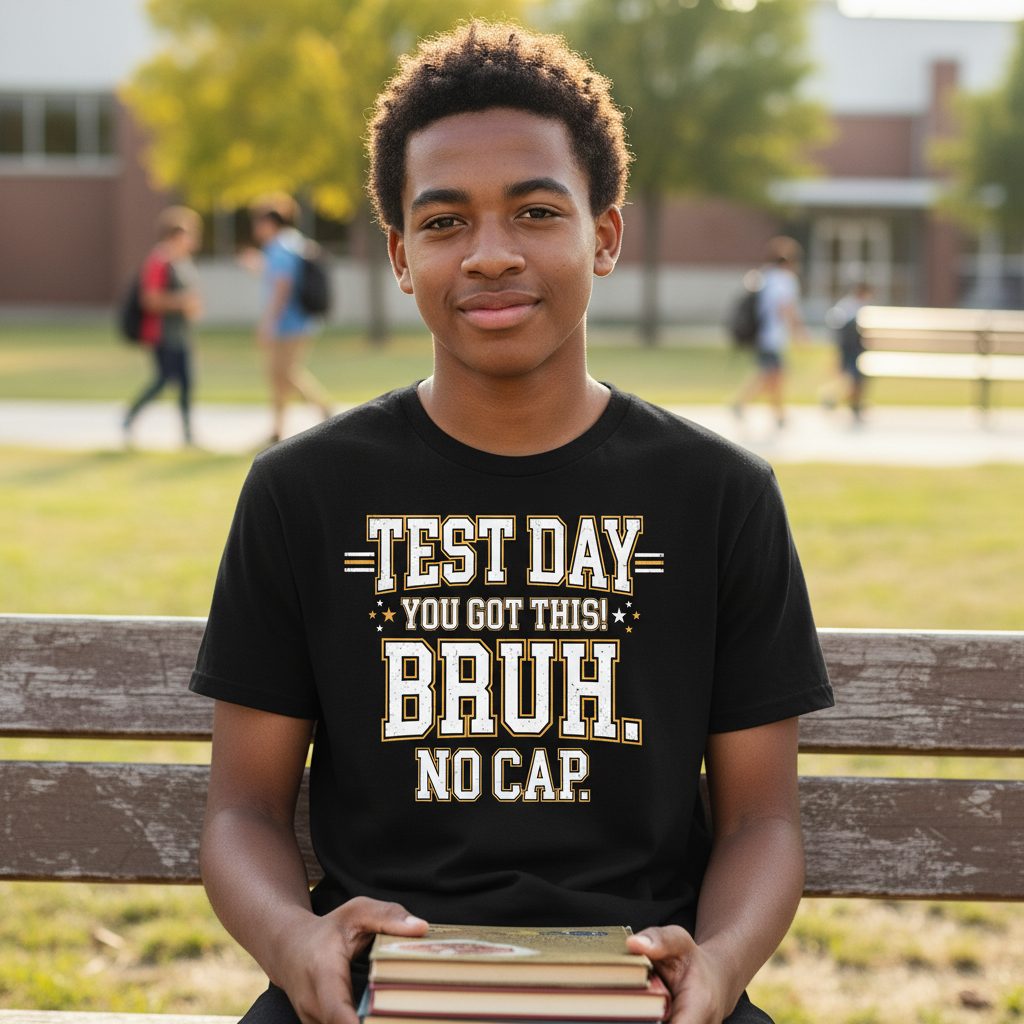 Test Day You Got This Bruh No Cap Funny Student Humor Youth T-Shirt - lifestyle model mockup - Black