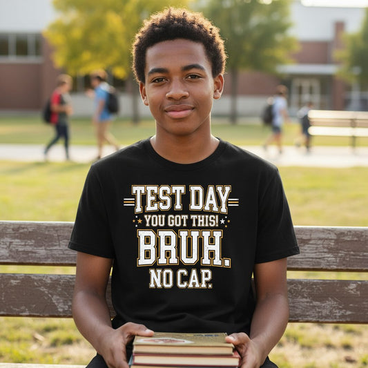 Test Day You Got This Bruh No Cap Funny Student Humor Youth T-Shirt - lifestyle model mockup - Black