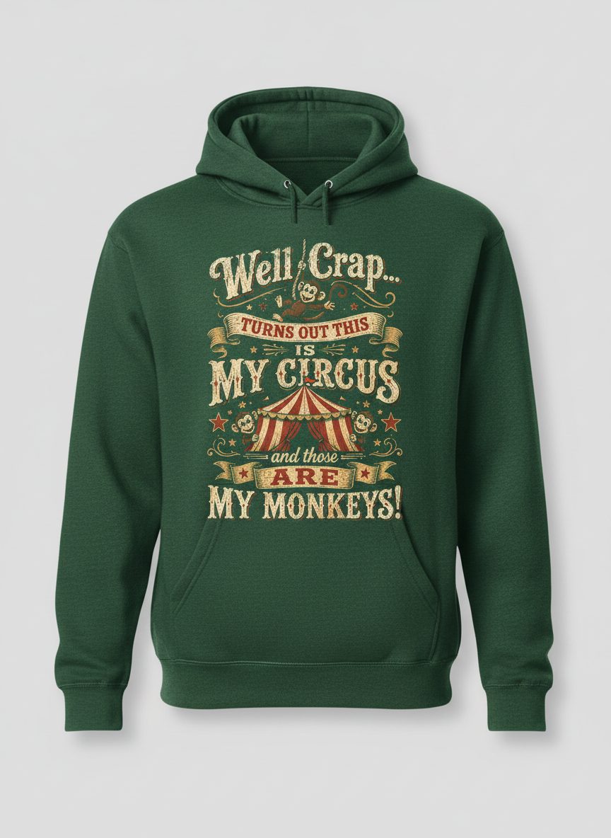 Well Crap Turns Out This Is MY CIRCUS and Those Are MY Monkeys Hoodie - product mockup - Forest Green