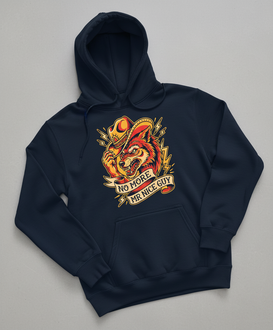 No More Mr Nice Guy Wolf Cowboy Tattoo Art Hoodie - Navy