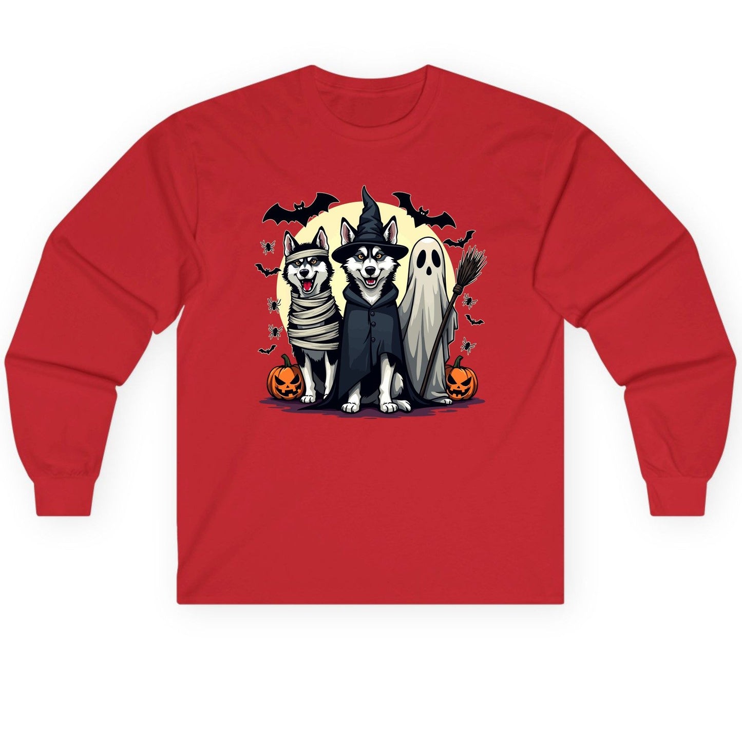 Halloween Huskies in Costumes Halloween huskies Long Sleeve Tee Red product mockup
