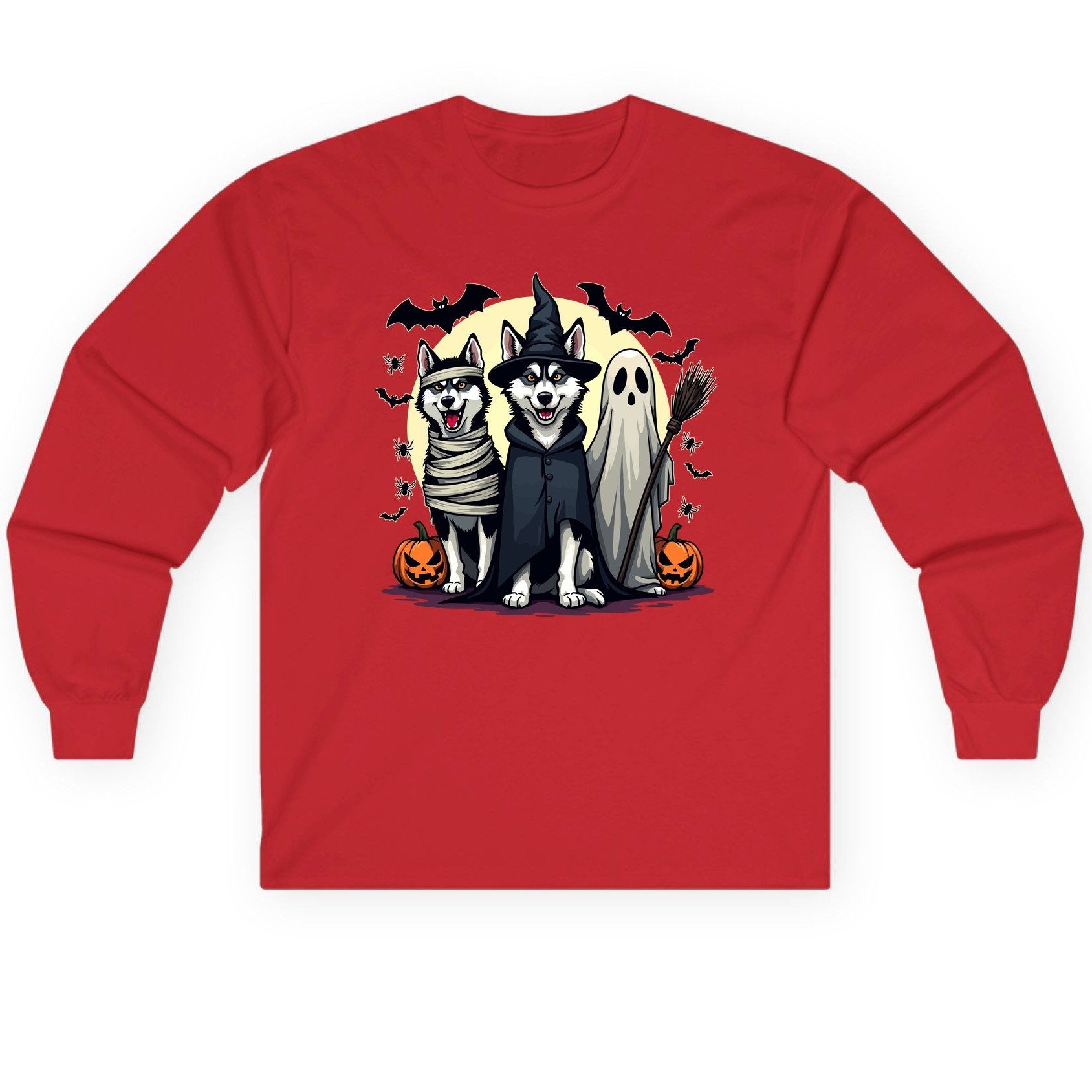 Halloween Huskies in Costumes Halloween huskies Long Sleeve Tee Red product mockup
