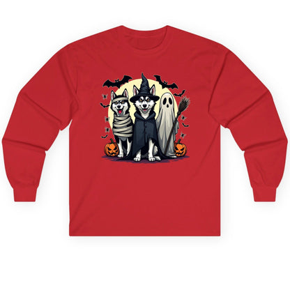 Halloween Huskies in Costumes Halloween huskies Long Sleeve Tee Red product mockup