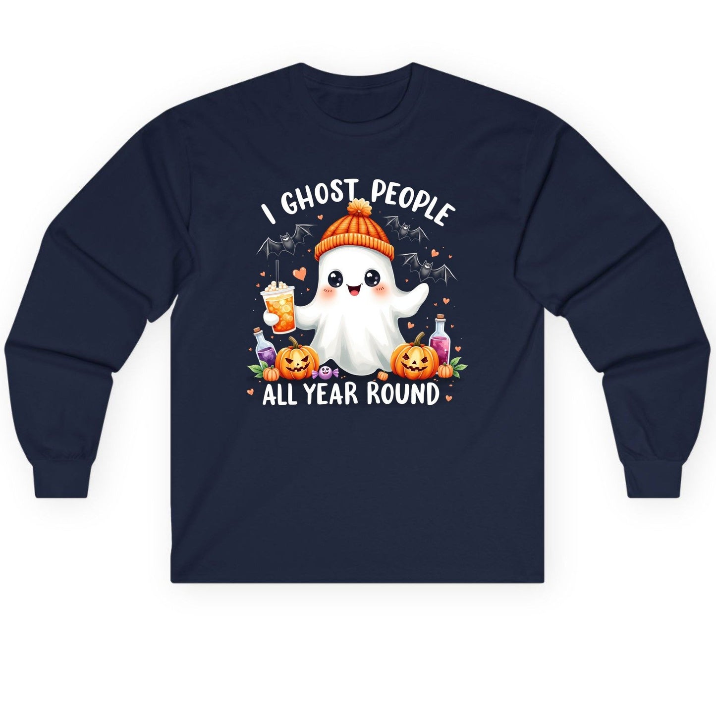 I Ghost People All Year Round cute ghost Long Sleeve Tee Navy product mockup