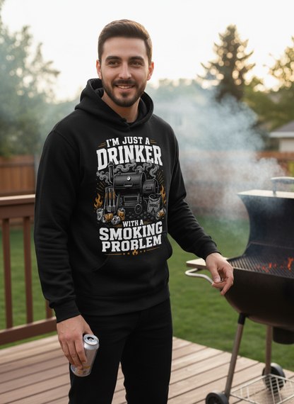 I'M JUST A DRINKER WITH A SMOKING PROBLEM Funny Drinker With A Smoking Problem BBQ Hoodie - lifestyle model mockup - Black