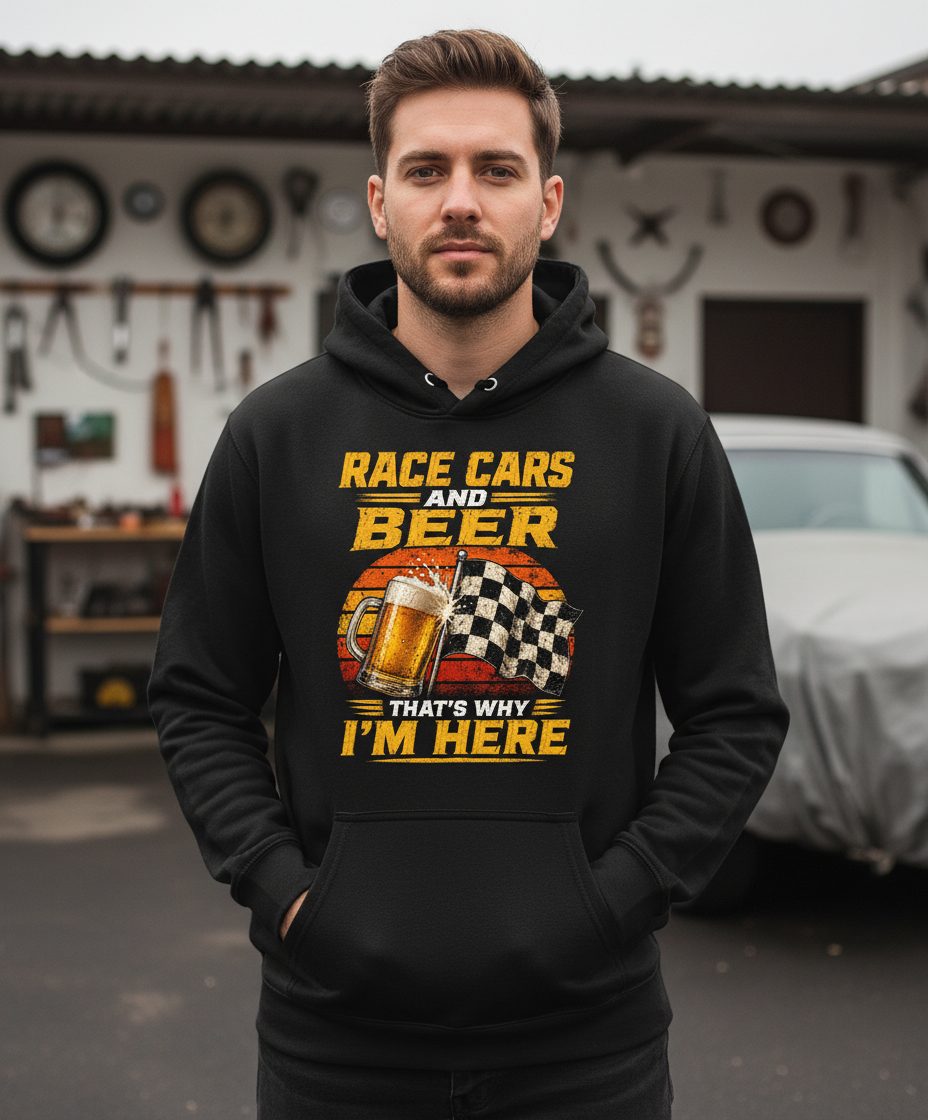 Race Cars and Beer That's Why I'm Here Funny Racing Hoodie - lifestyle model mockup - Black