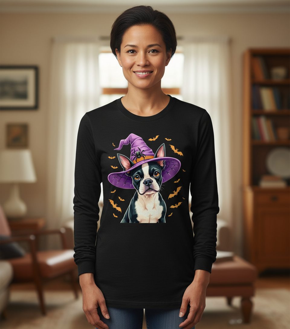 Halloween Boston Terrier Witch boston terrier Long Sleeve Tee Black lifestyle mockup
