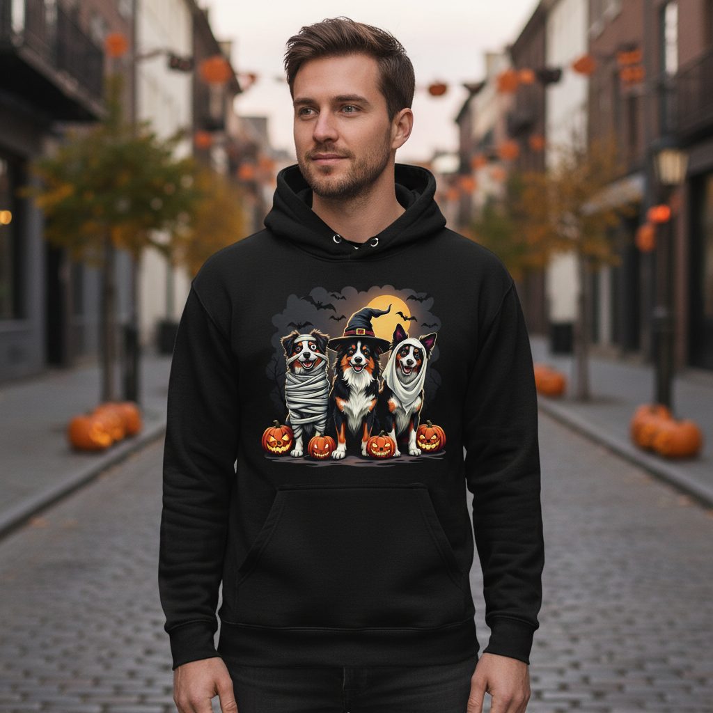 Australian Shepherd Halloween Dogs australian shepherd dogs Hoodie Black lifestyle mockup