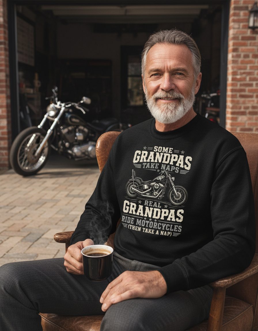 Some Grandpas Take Naps Real Grandpas Ride Motorcycles (then Take a Nap) Funny Biker Sweatshirt - lifestyle model mockup - Black