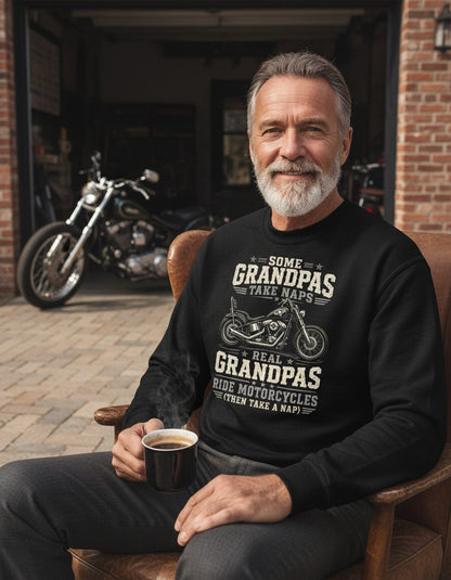 Some Grandpas Take Naps Real Grandpas Ride Motorcycles (then Take a Nap) Funny Biker Sweatshirt - lifestyle model mockup - Black