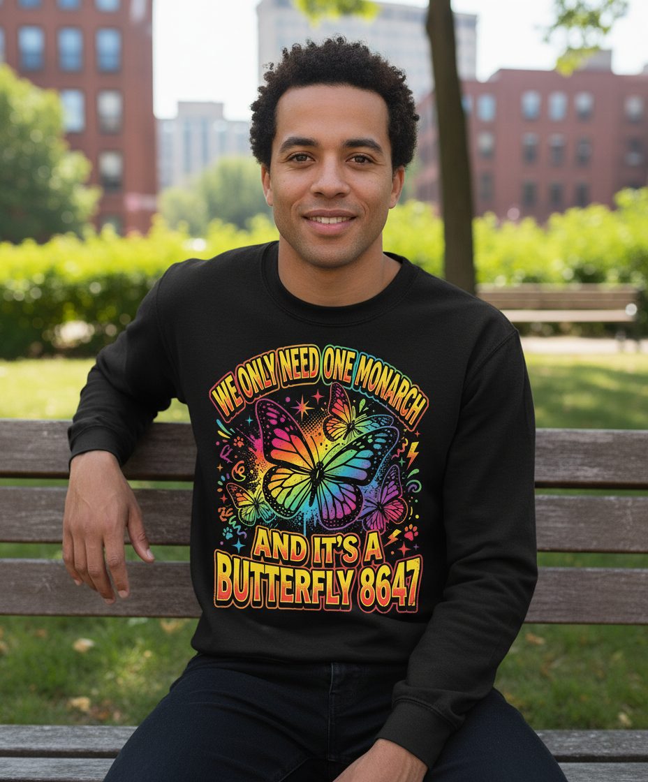 WE ONLY NEED ONE Monarch AND IT'S a Butterfly 8647 Sweatshirt - lifestyle model mockup - Black