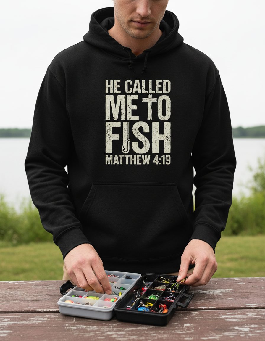 He Called Me to Fish Matthew 4 19 Christian Fishing Hoodie - product mockup - Black
