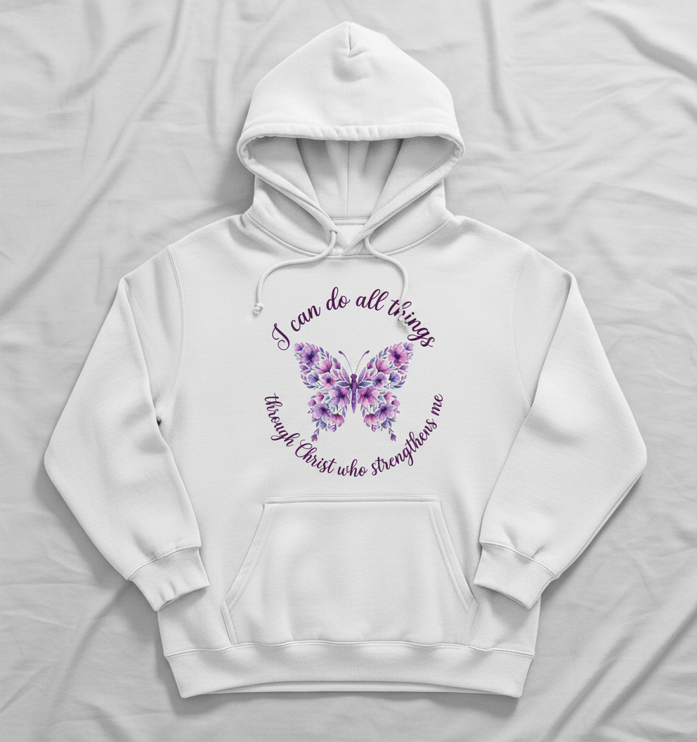 Floral Butterfly 'I can do all things through Christ' Bible Verse Hoodie - White