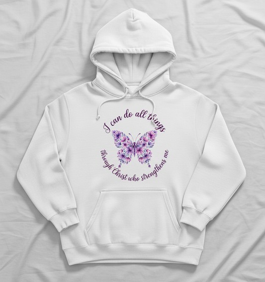 Floral Butterfly 'I can do all things through Christ' Bible Verse Hoodie - White