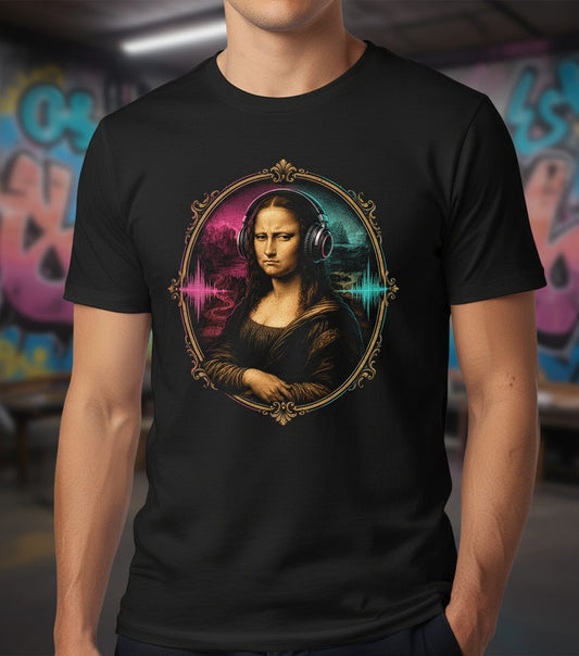 Dj Mona Lisa Art Parody Funny Lovers T-Shirt - product mockup - Black