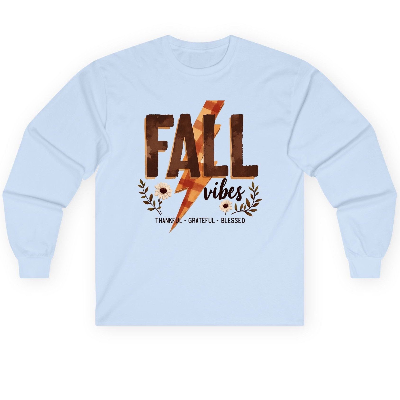 Fall Vibes Thankful Grateful Blessed autumn Long Sleeve Tee Light Blue product mockup