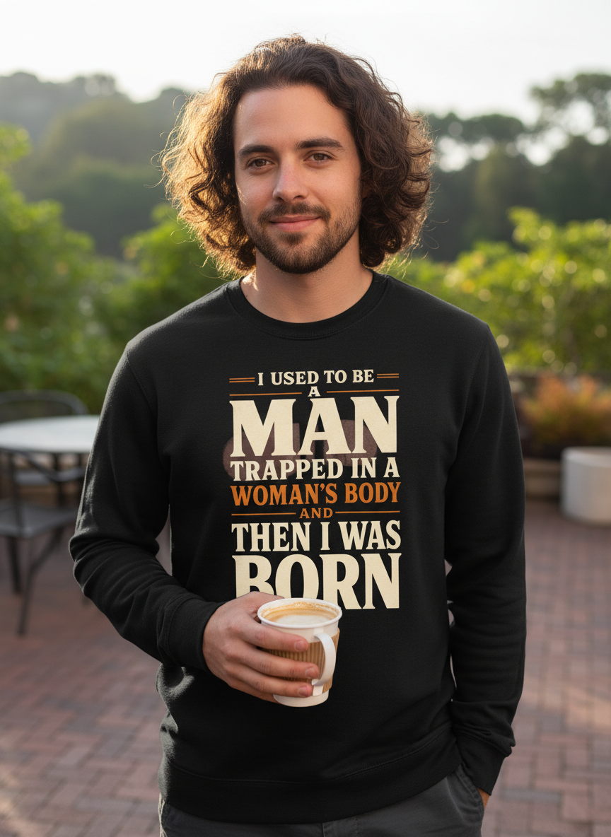 Man Trapped In A Woman's Body Funny Quote Sweatshirt - Black