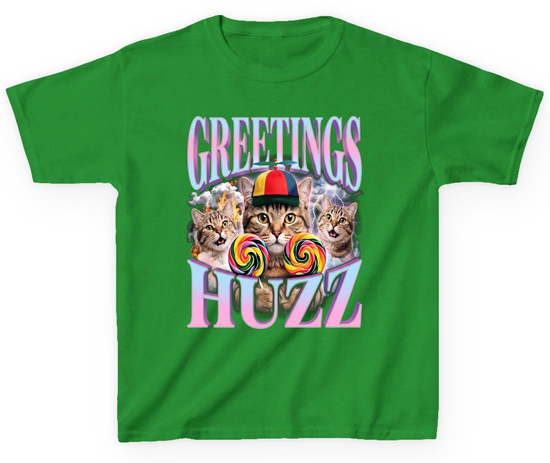 Greetings Huzz Funny Cats Youth T-Shirt - product mockup - Irish Green
