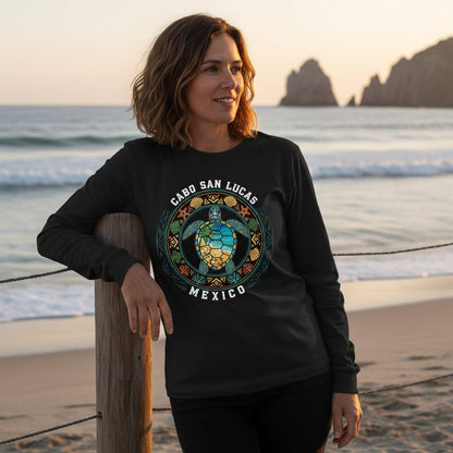 Cabo San Lucas Mexico sea turtle Long Sleeve Tee Black lifestyle mockup